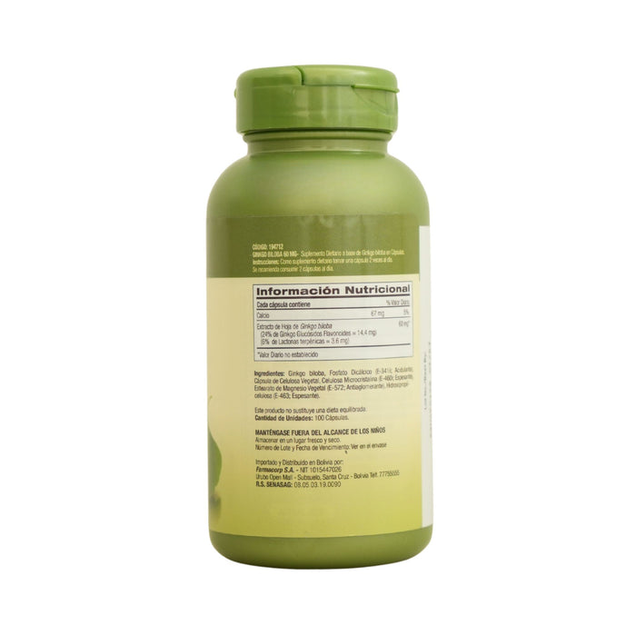Suplemento Ginkgo Biloba 60Mg Frasco X 100 Cápsulas