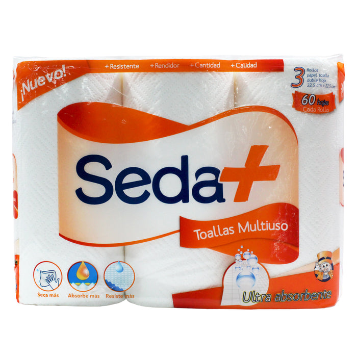 Toallas De Papel Seda+ Multiuso 60 Hojas X 3 Rollos
