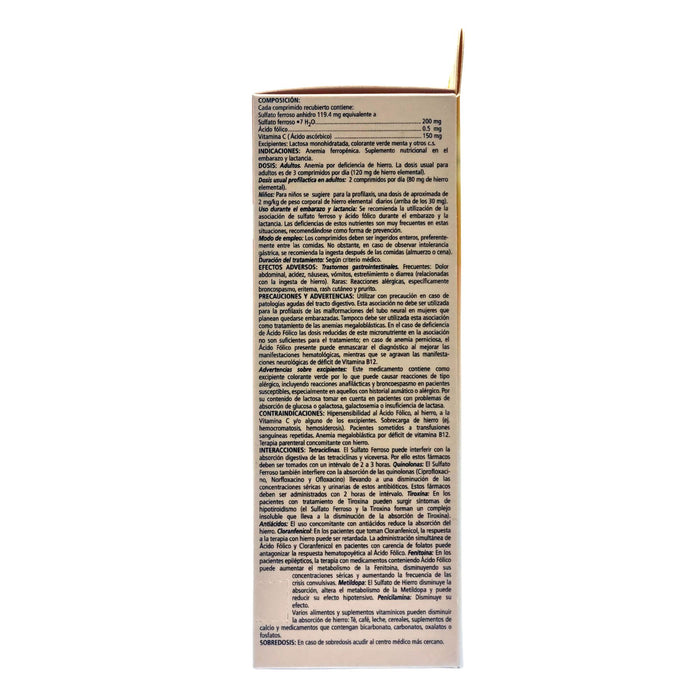 Ferrohan C 200Mg Sulfato Ferroso 0.5Mg Ácido Fólico 150Mg Vitamina C X Comprimido
