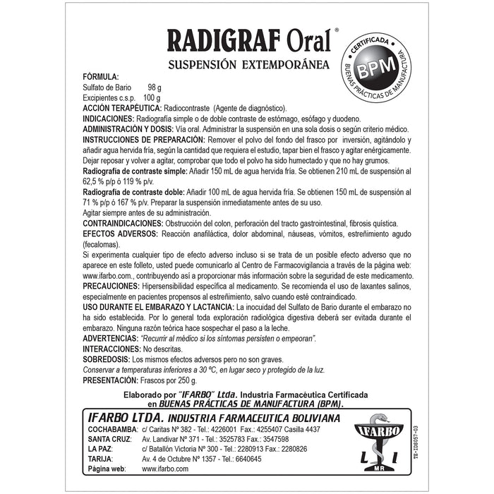Radigraf Oral Sulfato De Bario 98% Suspensión X 250G