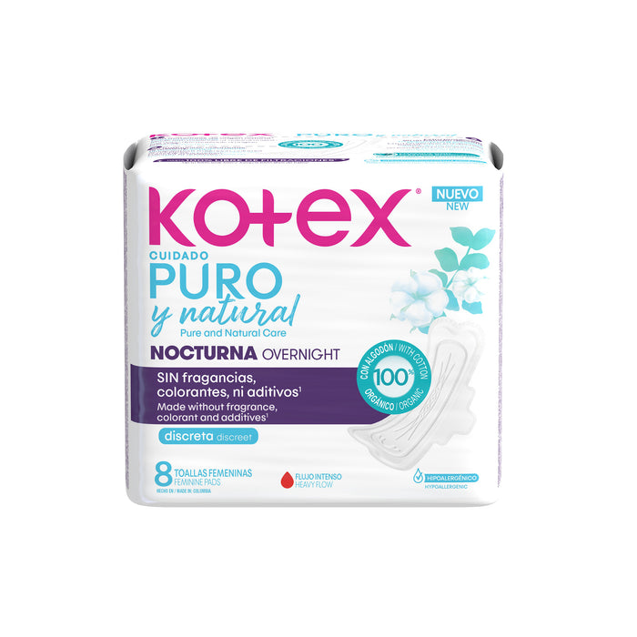 Toallas Femeninas Kotex Cuidado Puro Nocturna X 8 Unidades