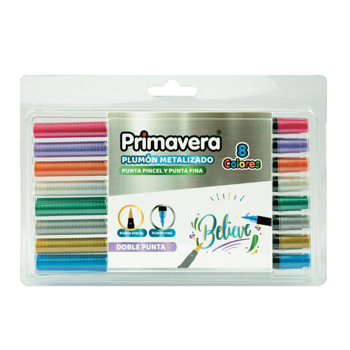 Plumón Doble Punta Primavera Pincel + Fina Metalizado X 8 Colores