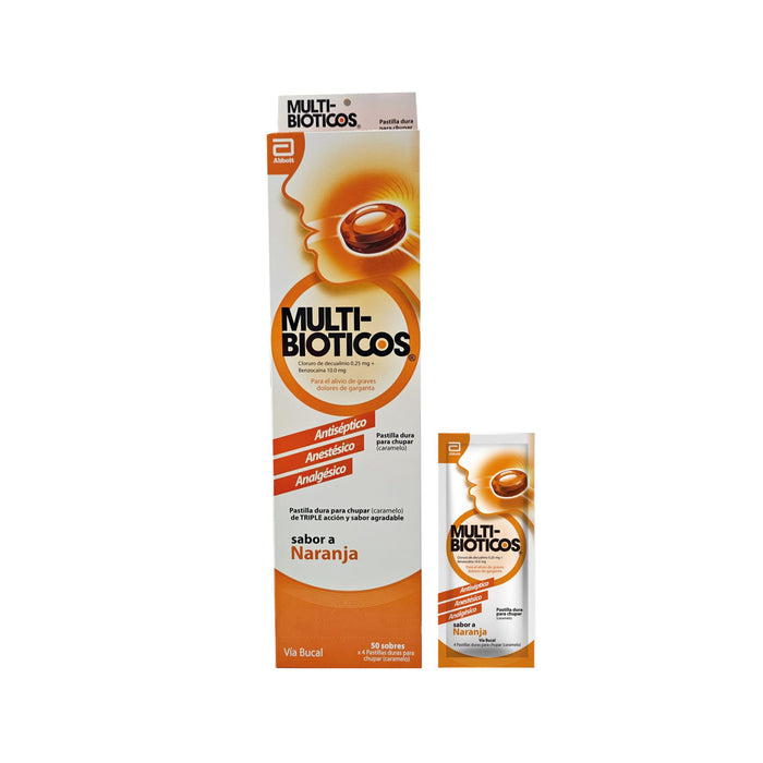 Pastillas Multibioticos Benzocaina Decualino Sabor Naranja X Sobre