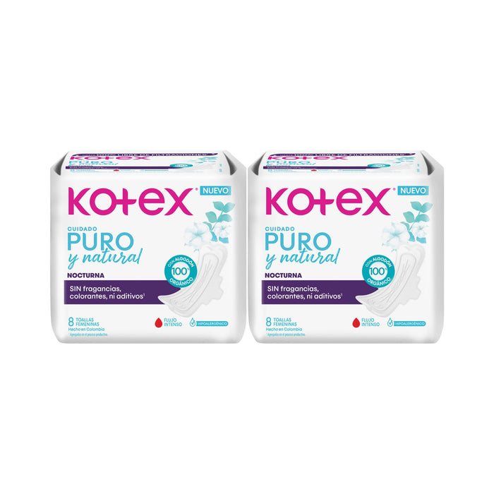 Pack Toalla Nocturna Kotex Puro Y Natural 2 X 8 Unidades