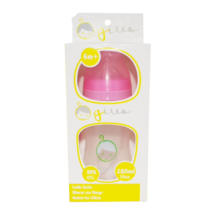 Mamadera Gius Cuello Ancho Con Mango Rosado 6M+ X 280Ml