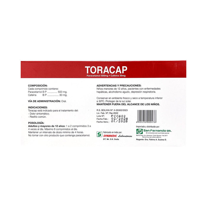 Toracap Paracetamol 500Mg Y Cafeína 30Mg X Tableta